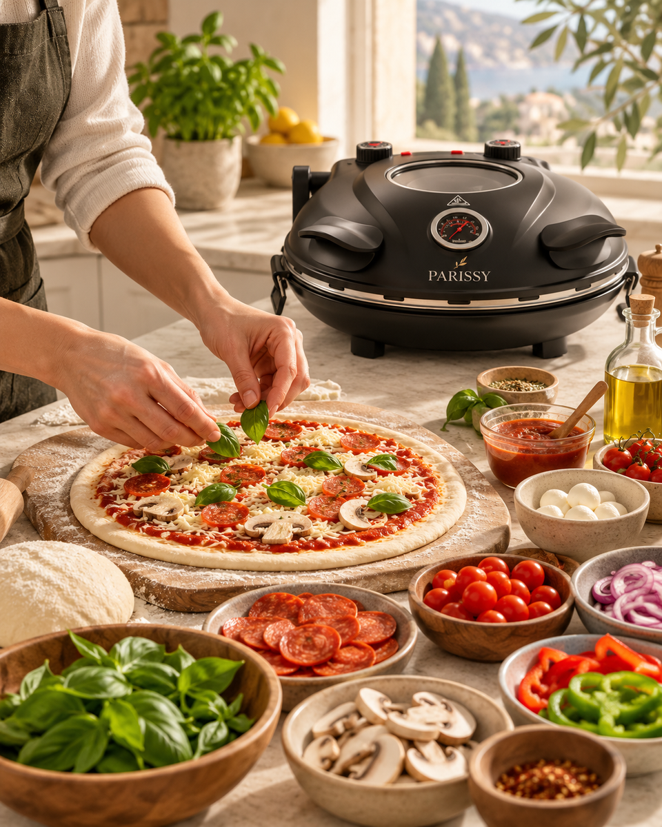 Pizza preparation with chosen ingredients beside Piezano