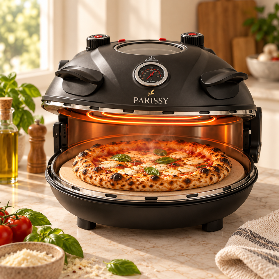 Piezano open with pizza baking on the ceramic stone